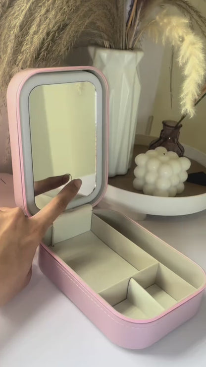 Makeup Storage Box With LED Light Mirror Portable Travel Makeup Cosmetics Storage Box Touch Light Storage Organizer